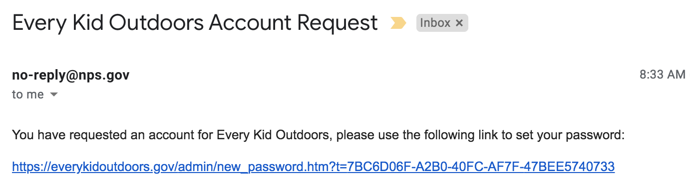 screenshot of the password setup email link