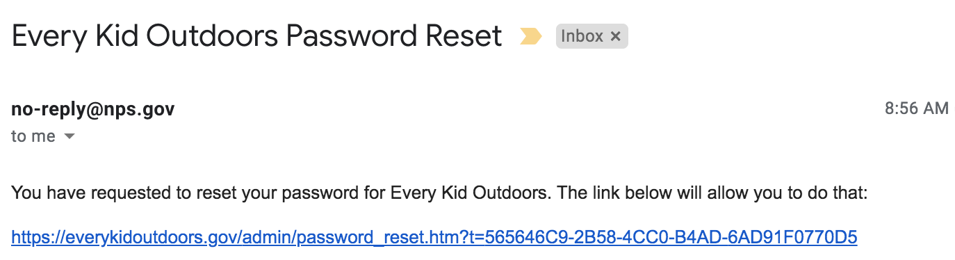 screenshot of the forgot password email link